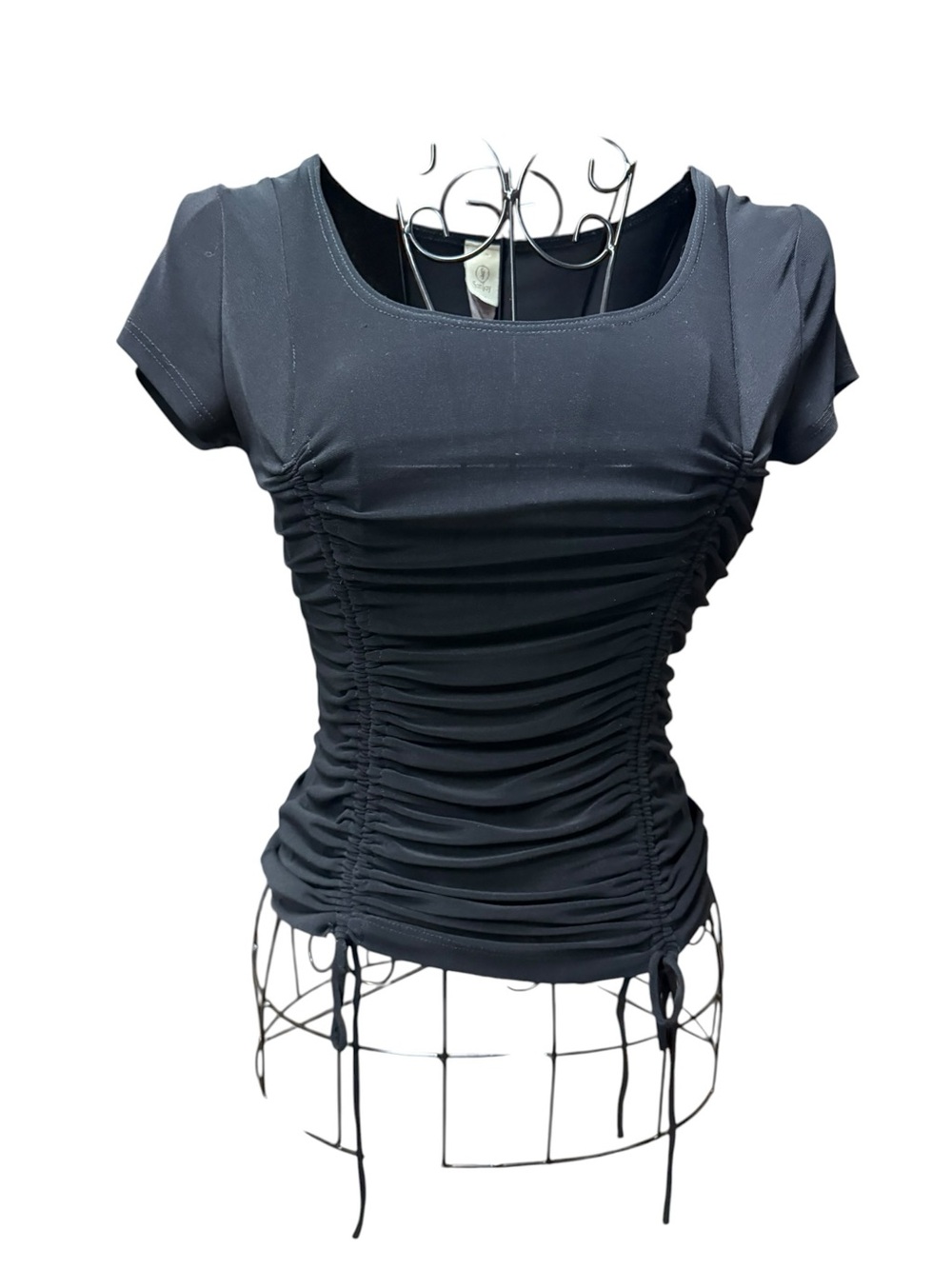 San Joy Black Ruched Scoop Neck Short Sleeve Top Small